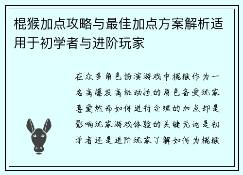 棍猴加点攻略与最佳加点方案解析适用于初学者与进阶玩家